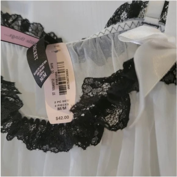 Victoria's Secret white sheer black lace trim teddy sleepwear underwear set M nw - Picture 2 of 8